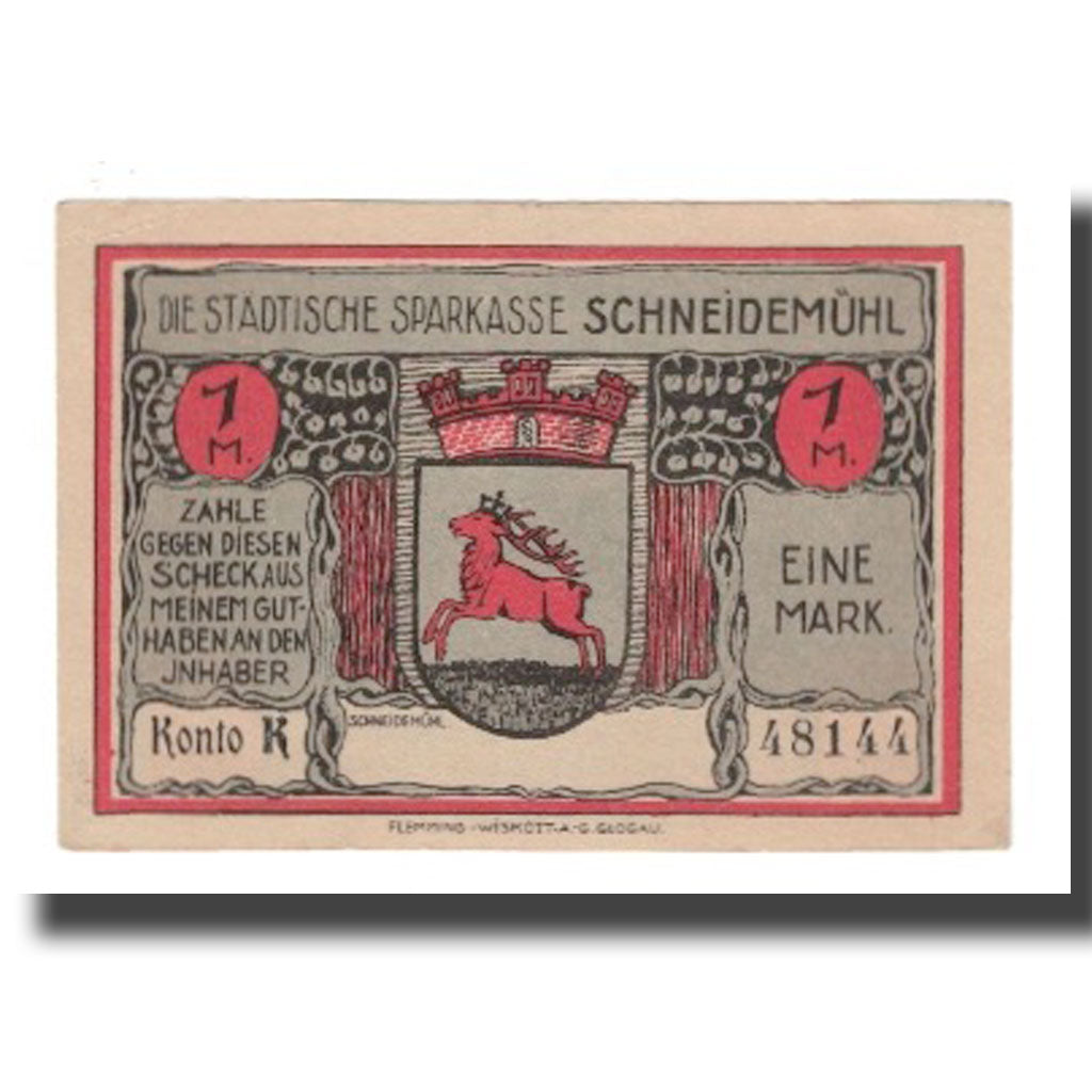Banknot, Niemcy, Schneidemühl Städtische Sparkasse, 1 Mark, batiment 2, 1922