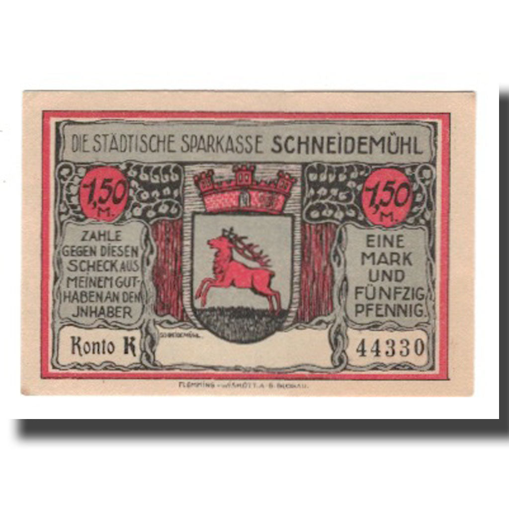 Banknote, Germany, Schneidemühl Städtische Sparkasse, 1.5 Mark, maison 2
