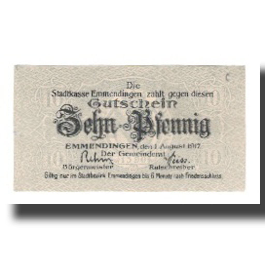 Nota, Alemanha, Emmendingen Stadt, 10 Pfennig, valeur faciale 2, 1917