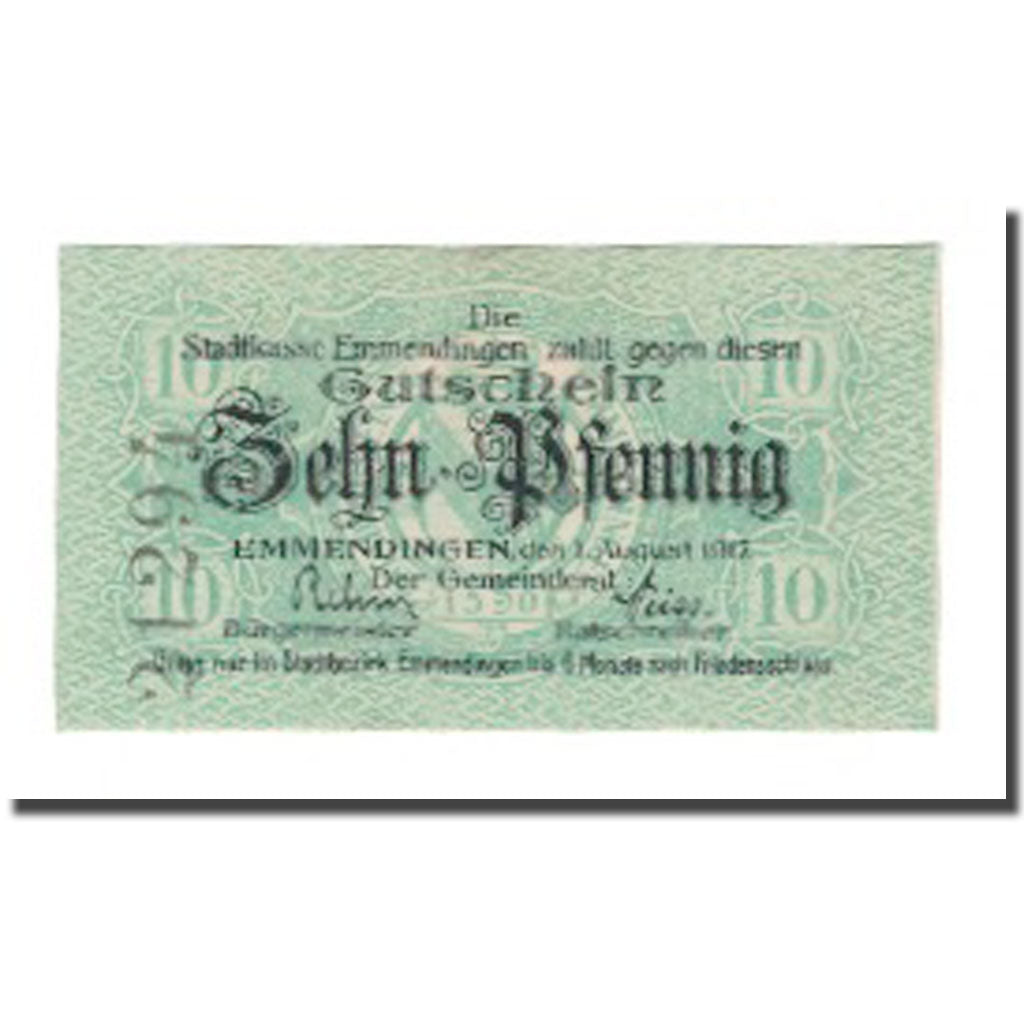Nota, Alemanha, Emmendingen Stadt, 10 Pfennig, Valeur faciale 3, 1917