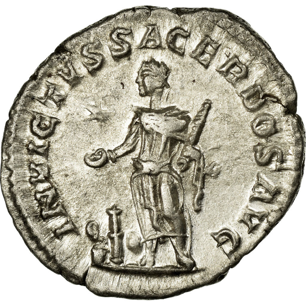 Moneta, Elagabalus, Denarius, AU(50-53), Srebro, Cohen:61