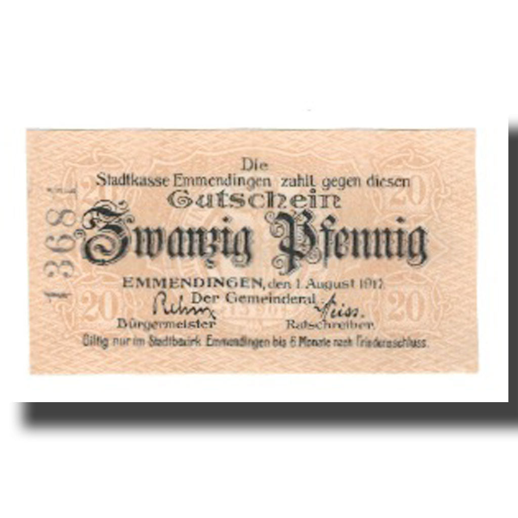 Billet, Allemagne, Emmendingen Stadt, 20 Pfennig, valeur faciale 4, 1917