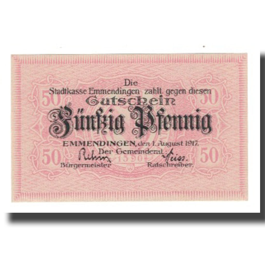 Billet, Allemagne, Emmendingen Stadt, 50 Pfennig, valeur faciale 1, 1917