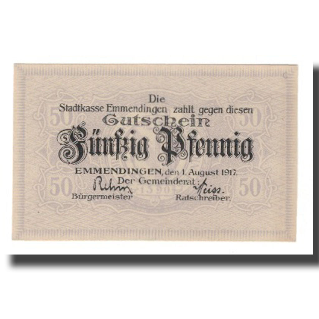 Billet, Allemagne, Emmendingen Stadt, 50 Pfennig, Valeur faciale 3, 1917