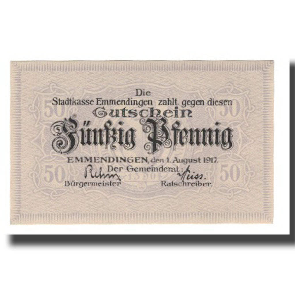 Banconote, Germania, Emmendingen Stadt, 50 Pfennig, valeur faciale 5, 1917