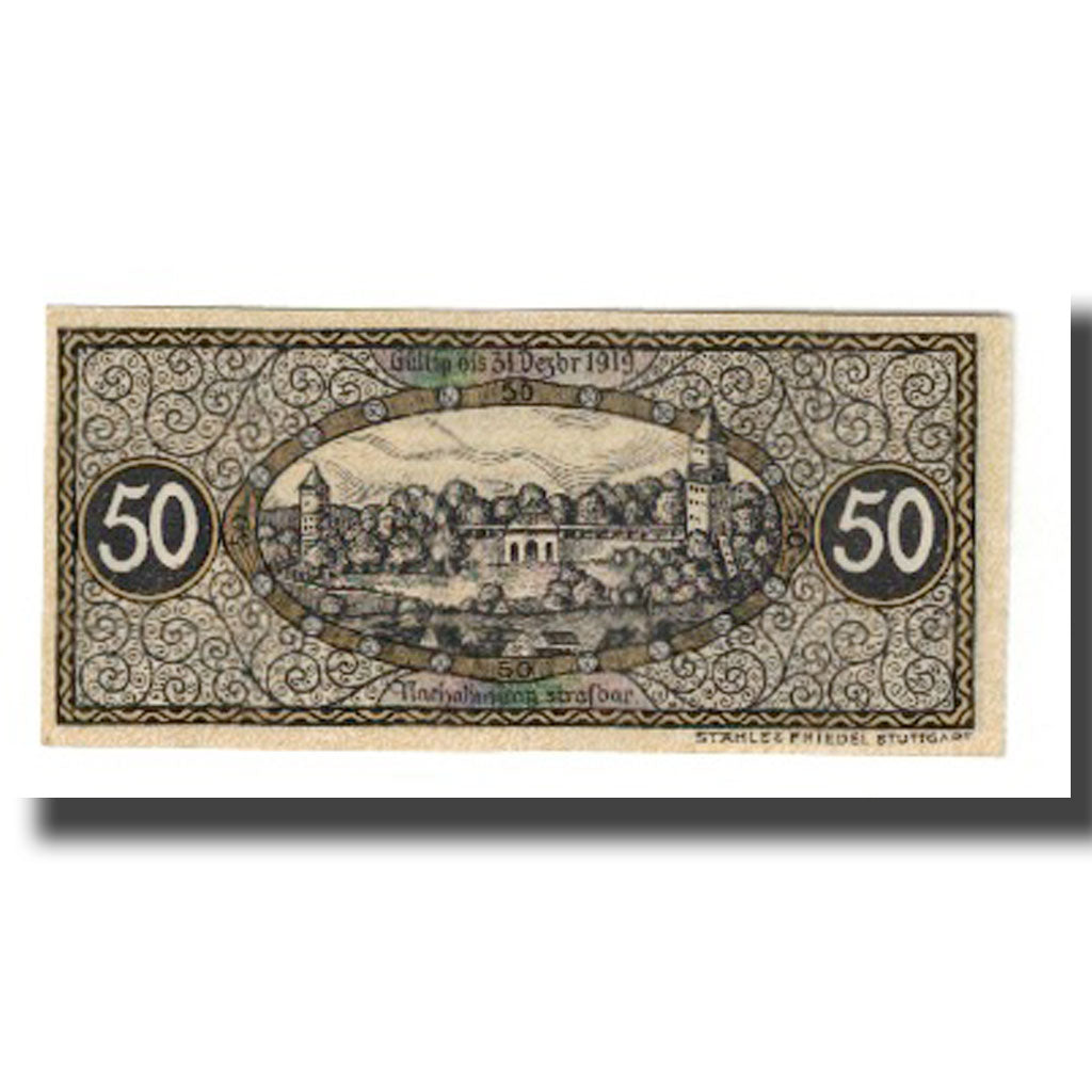 Banknot, Niemcy, Biberach Oberamt, 50 Pfennig, paysage 1, 1919, 1919-12-31
