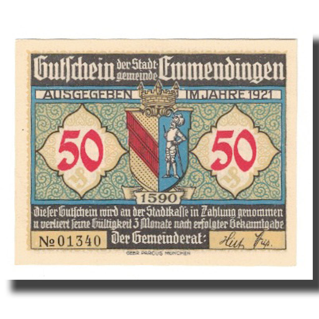 Geldschein, Deutschland, Emmendingen Stadt, 50 Pfennig, place, 1921, VZ