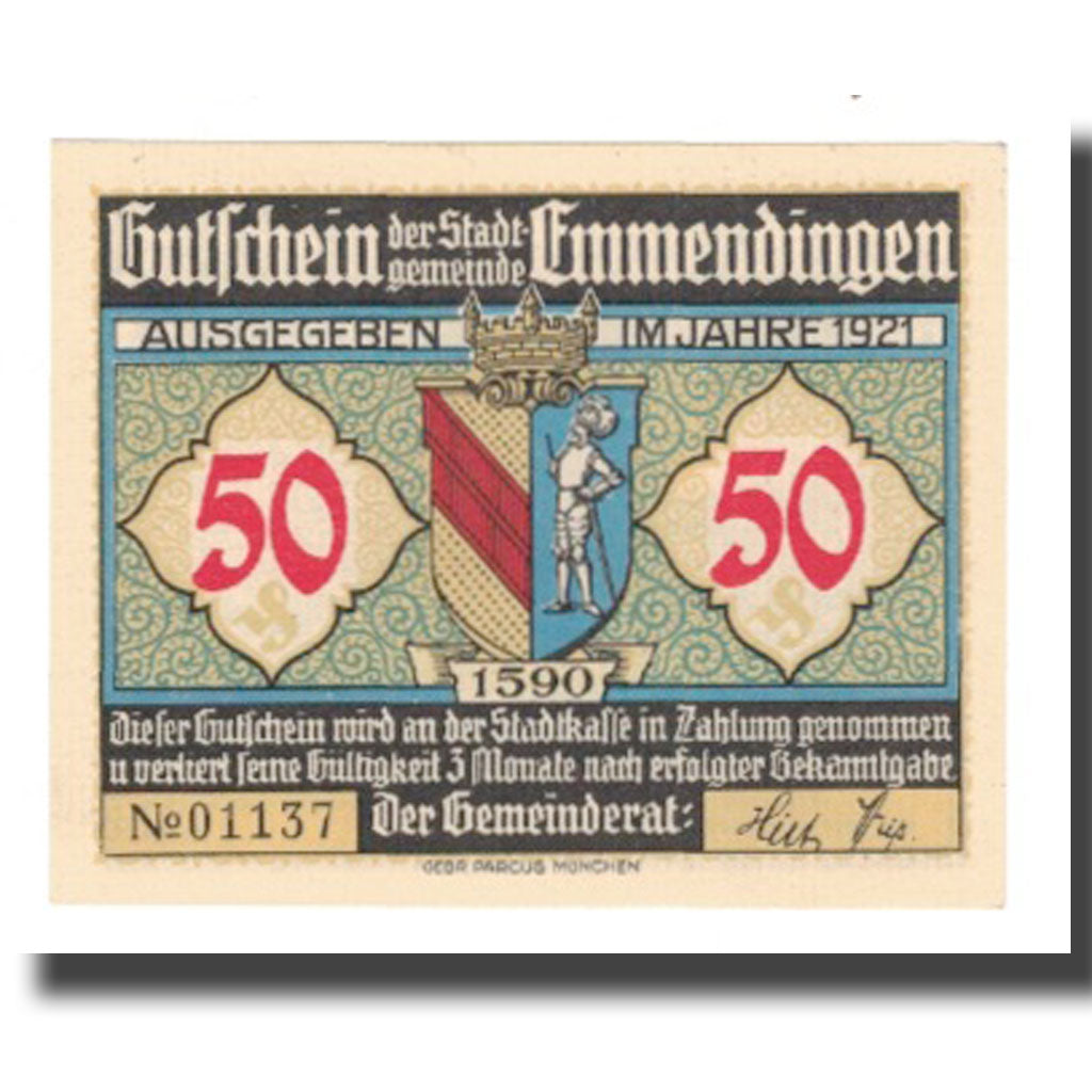 Nota, Alemanha, Emmendingen Stadt, 50 Pfennig, Foret, 1921, AU(55-58)