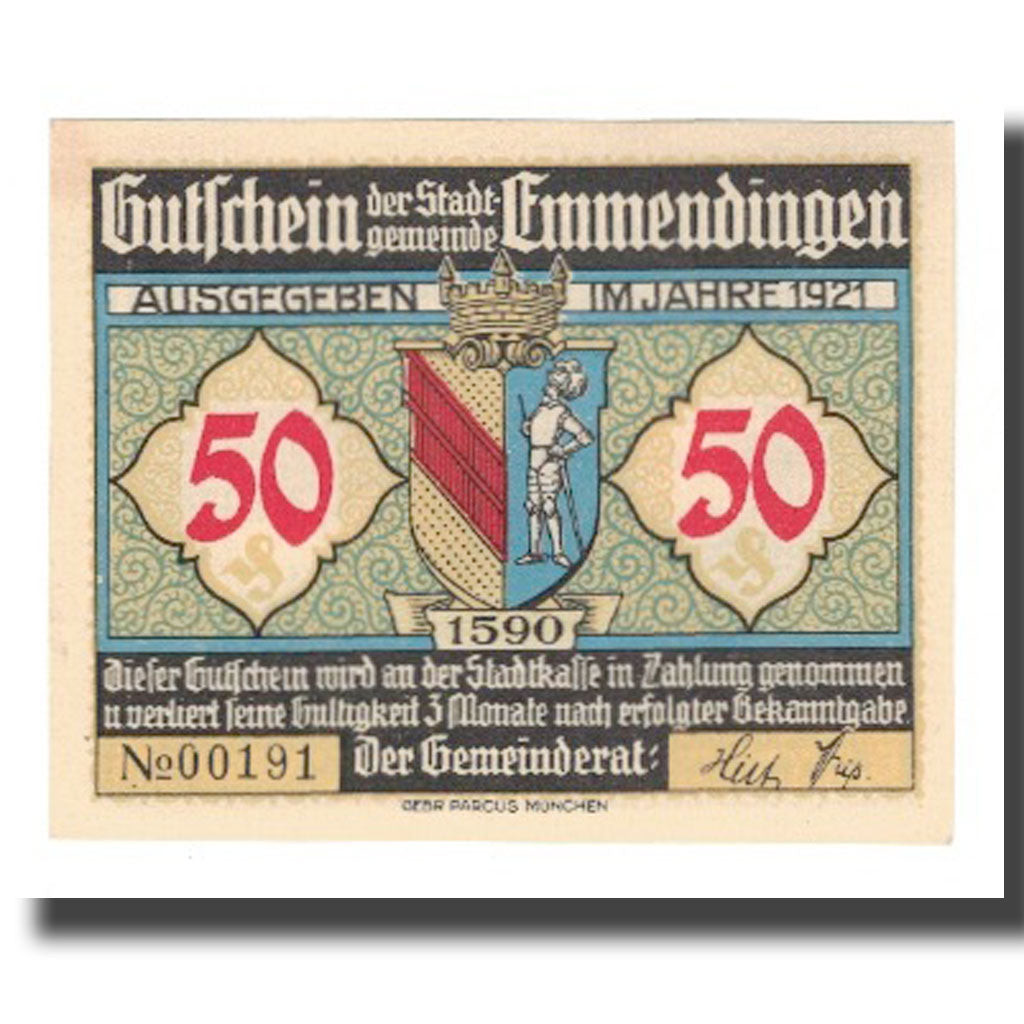 Nota, Alemanha, Emmendingen Stadt, 50 Pfennig, Maison, 1921, AU(55-58)