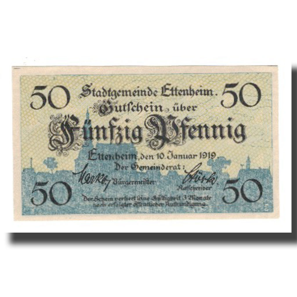 Banconote, Germania, Ettenheim Stadt, 50 Pfennig, Eglise, 1919, 1919-01-10