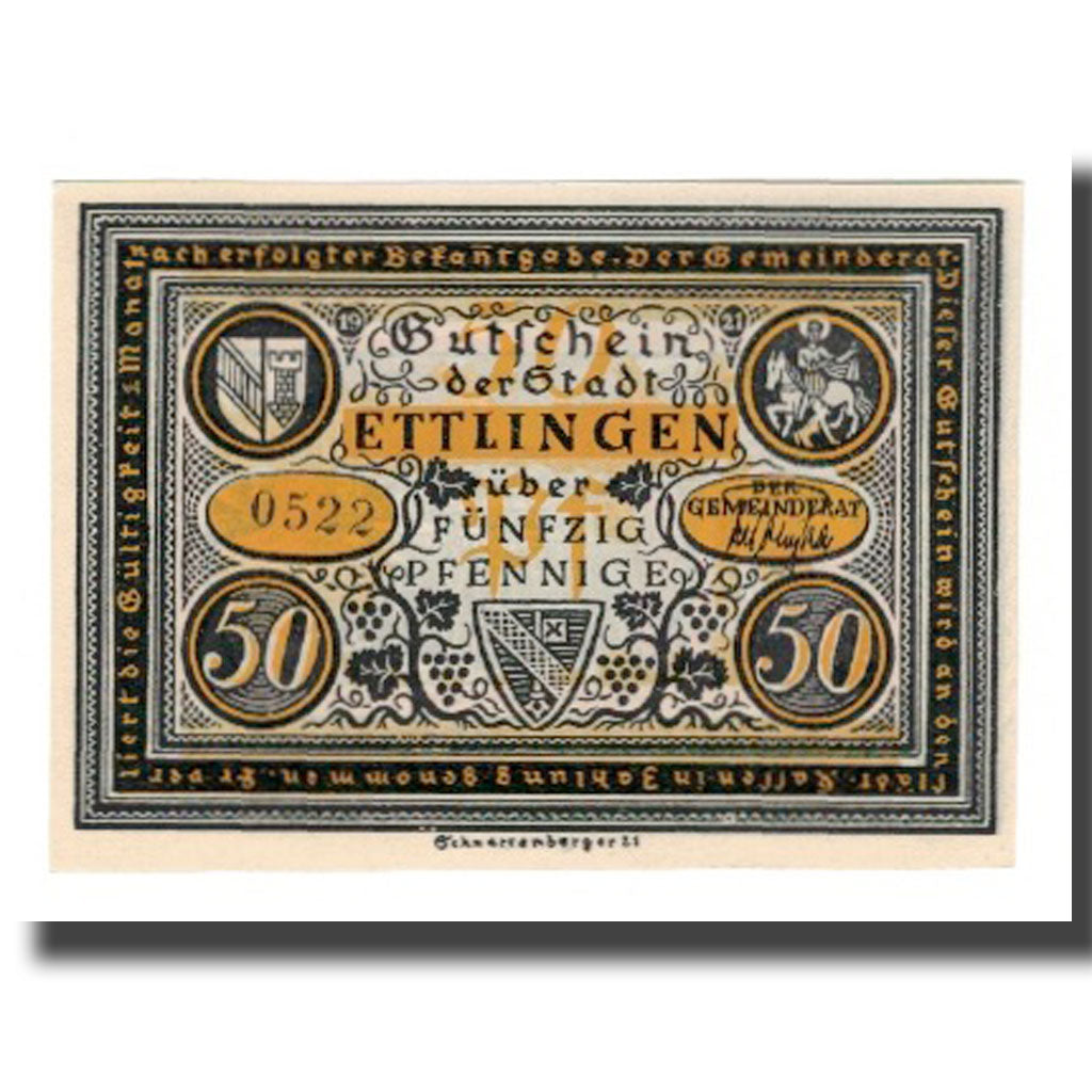 Geldschein, Deutschland, Ettlingen Stadt, 50 Pfennig, personnage 2, 1921, VZ