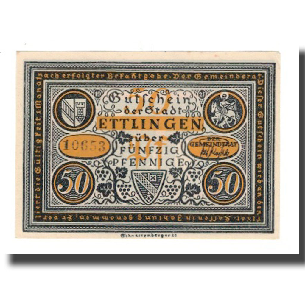 Banknot, Niemcy, Ettlingen Stadt, 50 Pfennig, personnage 3, 1921, AU(55-58)