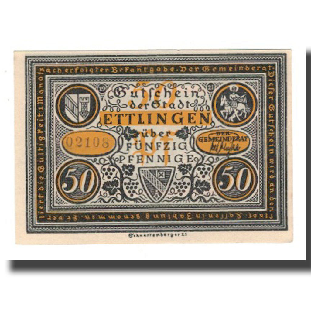 Banconote, Germania, Ettlingen Stadt, 50 Pfennig, personnage 7, 1921, SPL-