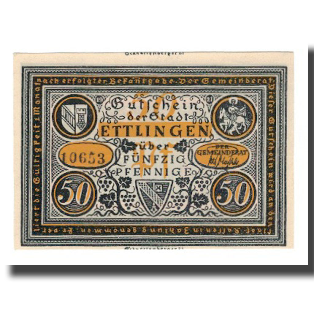 Banconote, Germania, Ettlingen Stadt, 50 Pfennig, personnage 8, 1921, SPL-