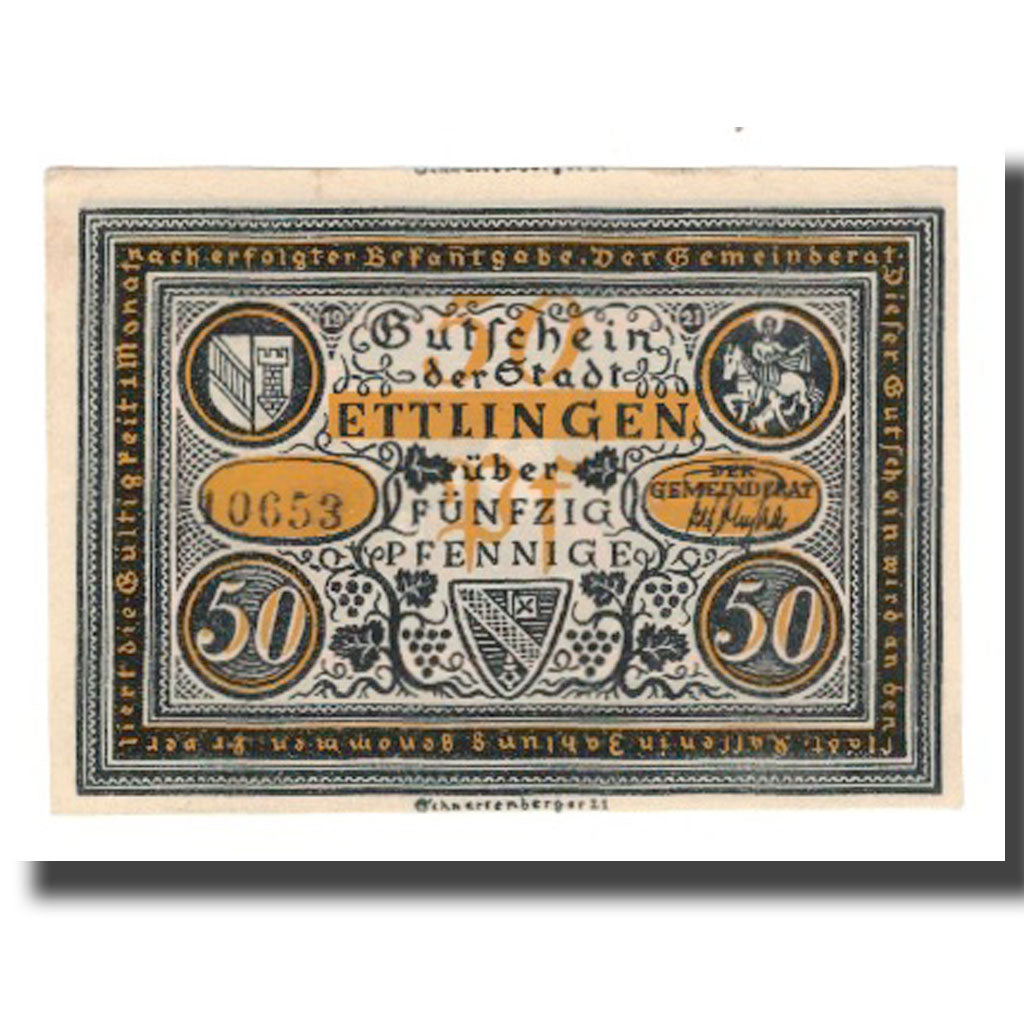 Geldschein, Deutschland, Ettlingen Stadt, 50 Pfennig, personnage 9, 1921, VZ