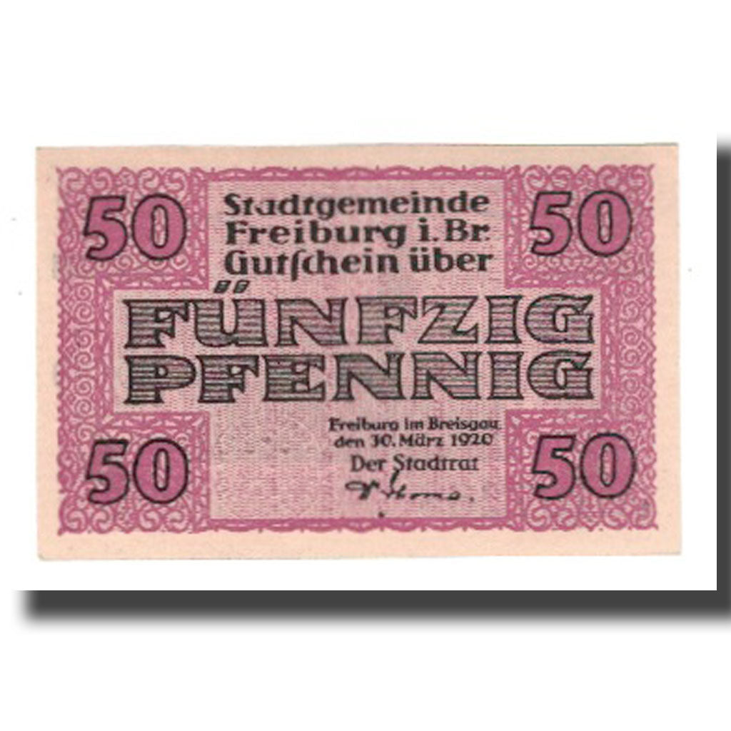 Banconote, Germania, Freiburg i. Br. Stadt, 50 Pfennig, eglise 2, 1920