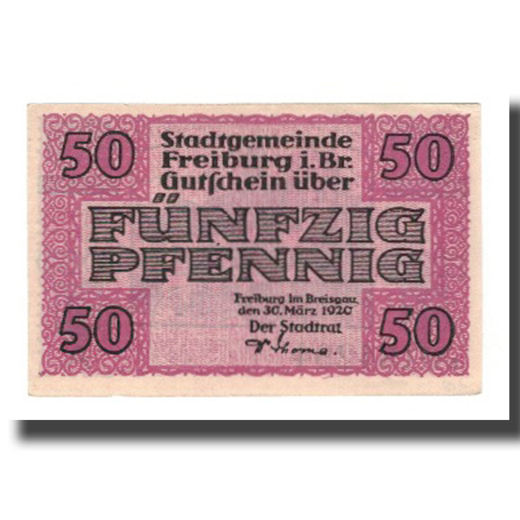 Banconote, Germania, Freiburg i. Br. Stadt, 50 Pfennig, batiment 3, 1920