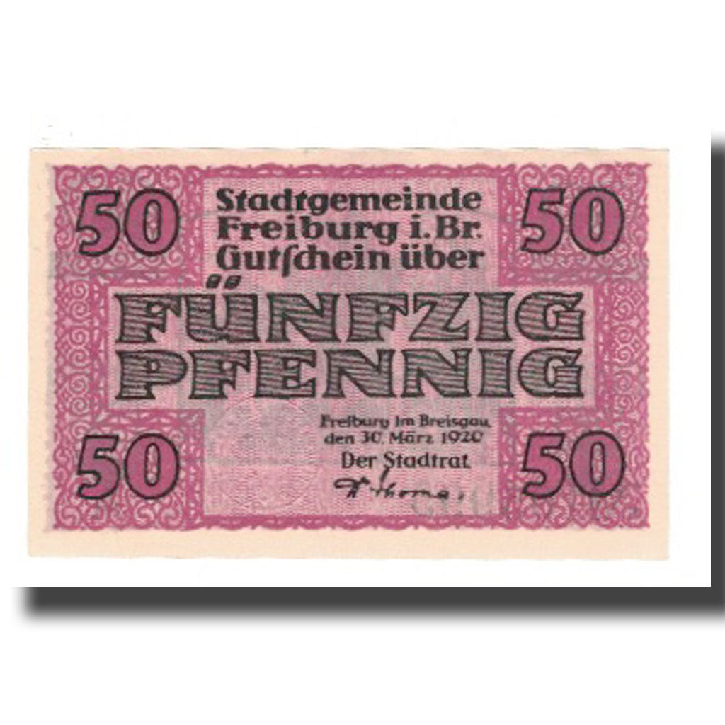 Banconote, Germania, Freiburg i. Br. Stadt, 50 Pfennig, Batiment 4, 1920