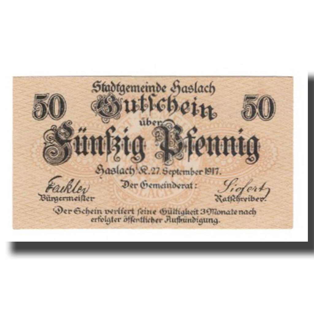 Banconote, Germania, Haslach i.K. Stadt, 50 Pfennig, Blason, 1917, 1917-09-27