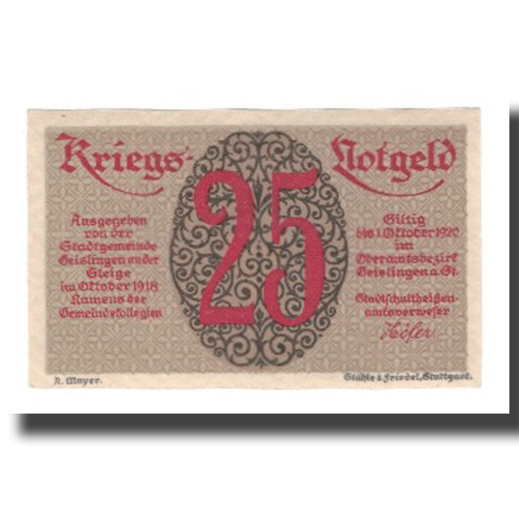 Banconote, Germania, Geislingen a. St. Stadt, 25 Pfennig, valeur faciale, 1920
