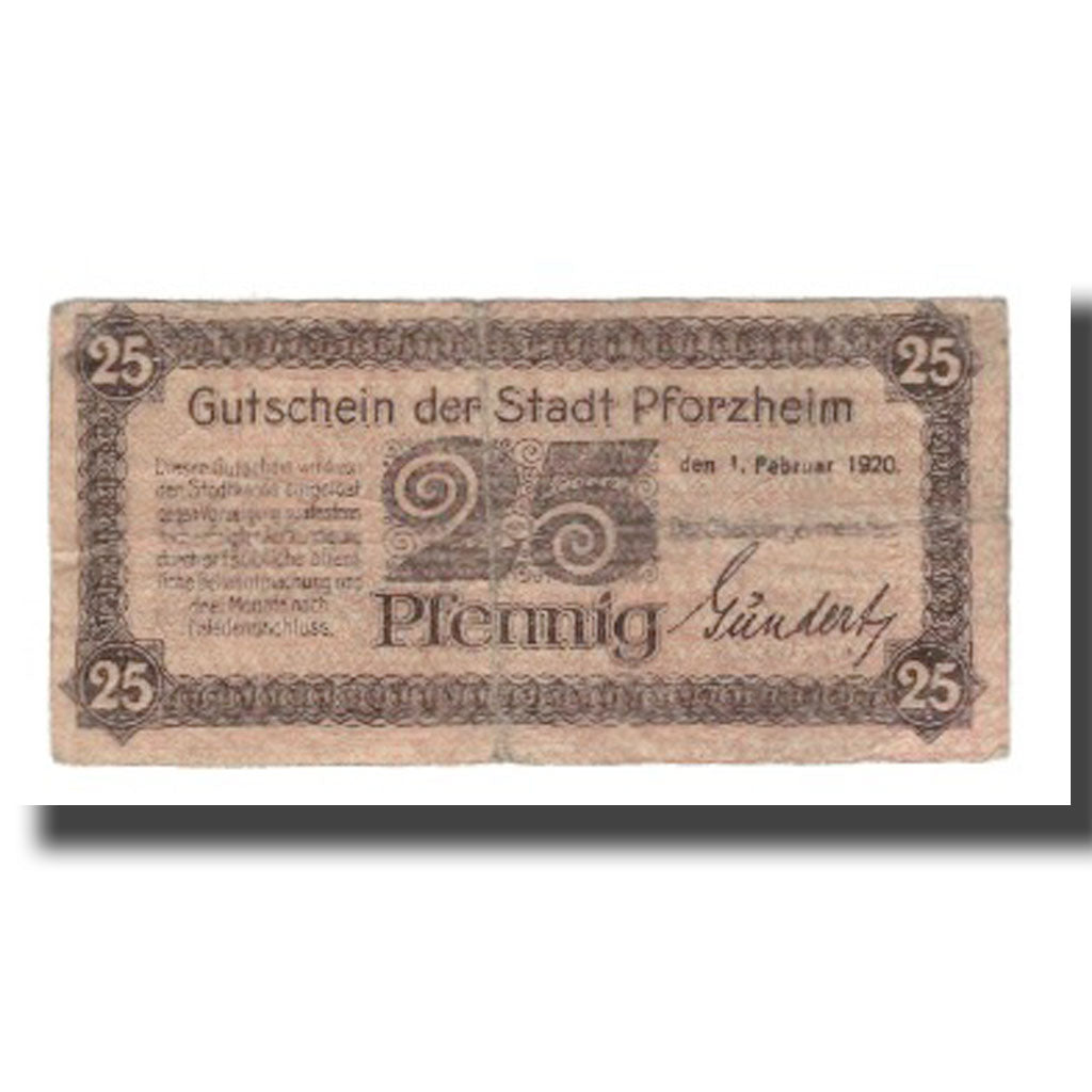 Nota, Alemanha, Pforzheim Stadt, 25 Pfennig, valeur faciale, 1920, 1920-02-01