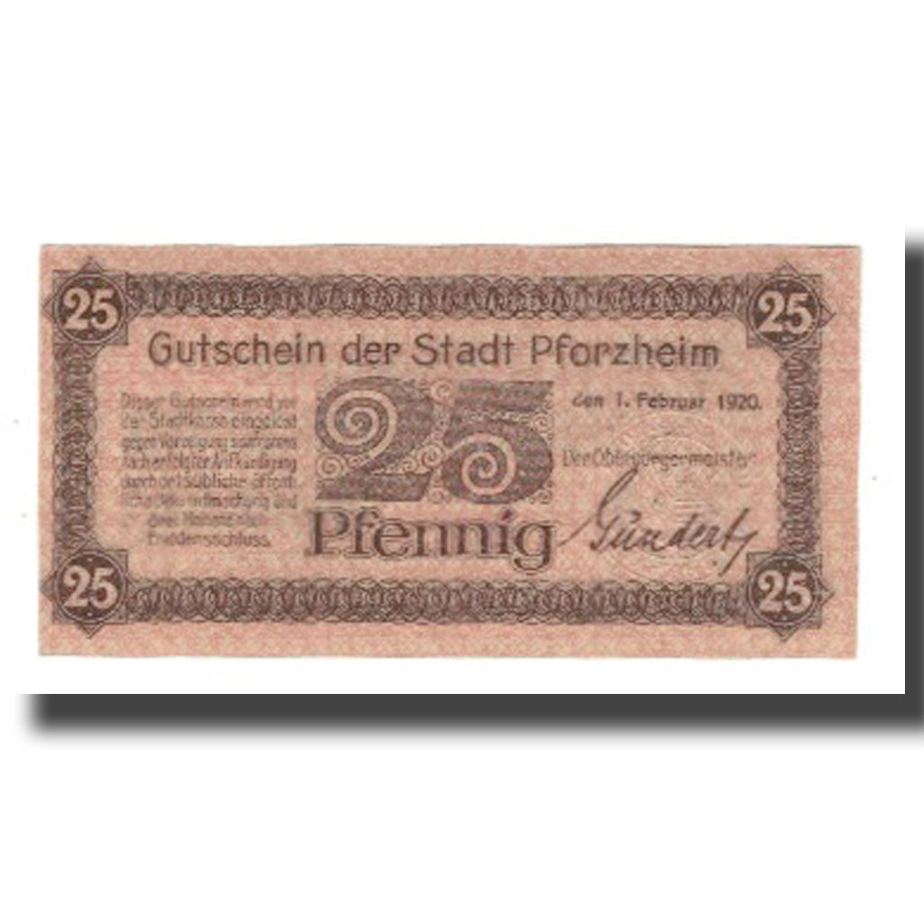 Banconote, Germania, Pforzheim Stadt, 25 Pfennig, valeur faciale 1, 1920
