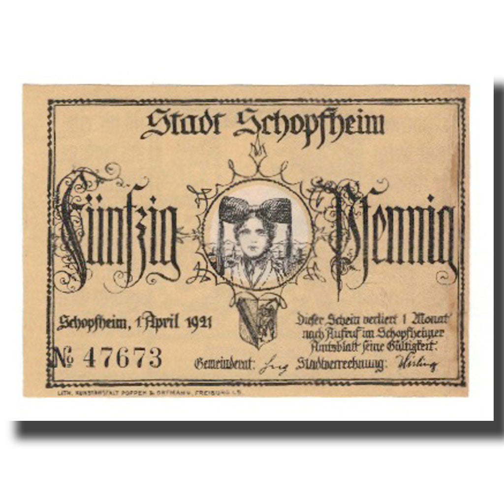 Geldschein, Deutschland, Schopfheim Stadt, 50 Pfennig, personnage, 1921