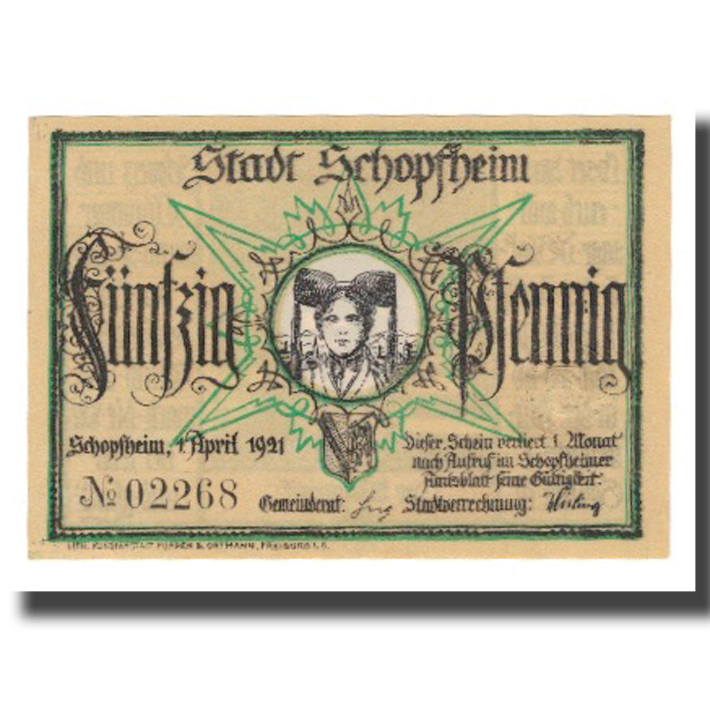 Geldschein, Deutschland, Schopfheim Stadt, 50 Pfennig, personnage 7, 1921