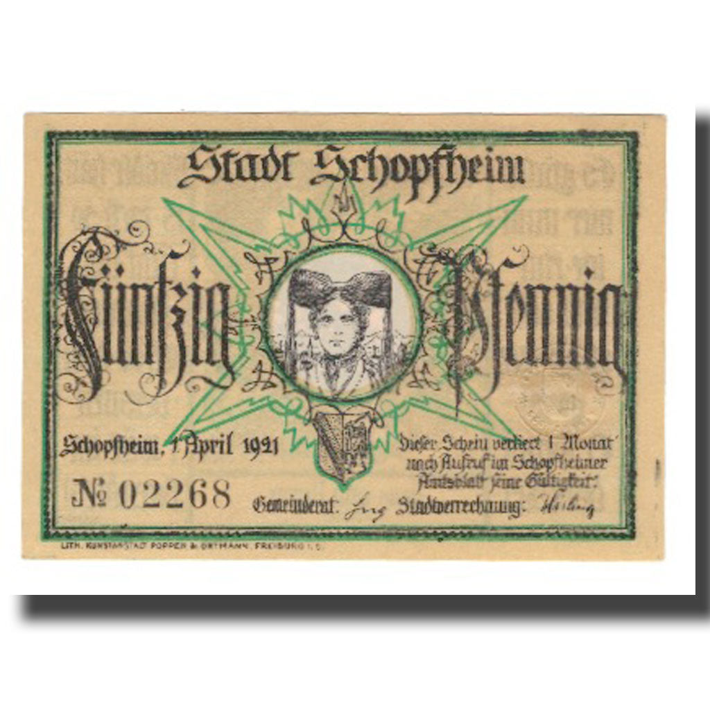Banconote, Germania, Schopfheim Stadt, 50 Pfennig, personnage 8, 1921