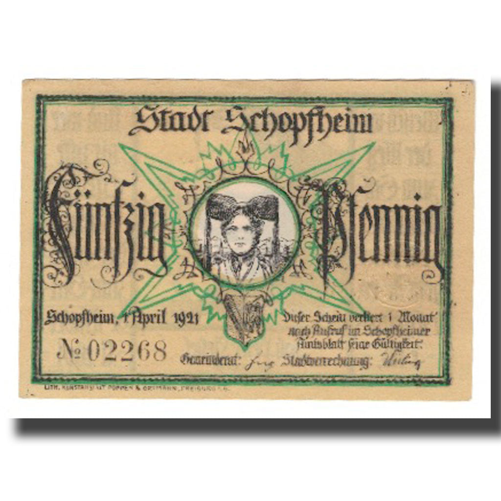 Banconote, Germania, Schopfheim Stadt, 50 Pfennig, personnage 9, 1921