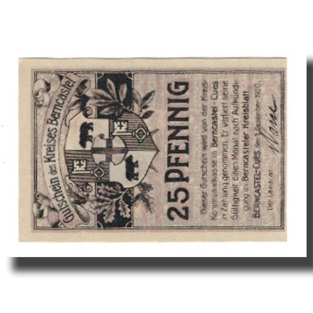 Nota, Alemanha, Berncastel-Cues Kreis, 25 Pfennig, Batiment, 1920, 1920-12-01