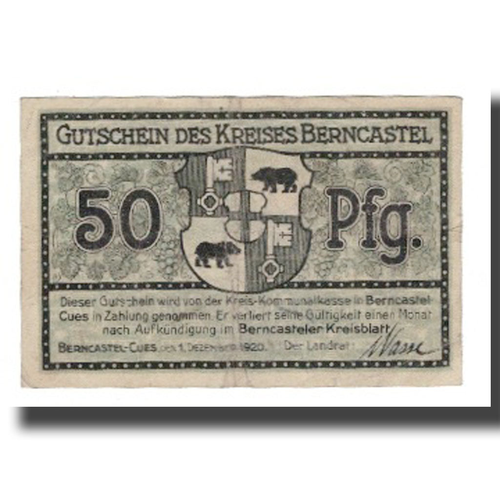 Geldschein, Deutschland, Berncastel-Cues Kreis, 50 Pfennig, ruine, 1920