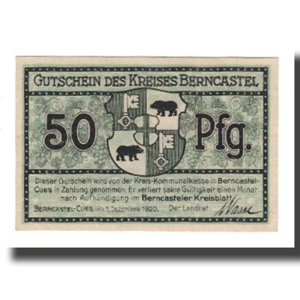 Banconote, Germania, Berncastel-Cues Kreis, 50 Pfennig, ruine 1, 1920