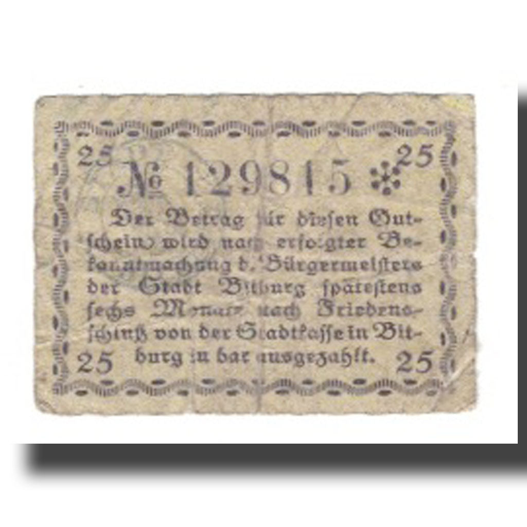 Banknot, Niemcy, Bitburg Stadt, 25 Pfennig, Texte, VF(20-25), Mehl:B57.4