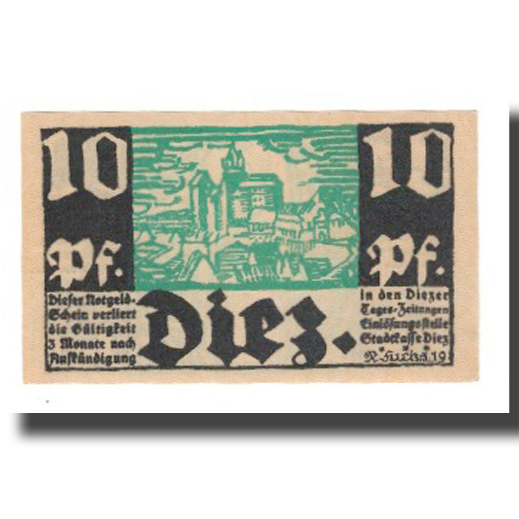 Nota, Alemanha, Diez Stadt, 10 Pfennig, personnage 1, 1919, AU(55-58)