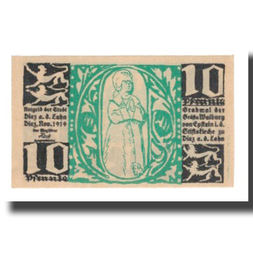 Nota, Alemanha, Diez Stadt, 10 Pfennig, personnage 1, 1919, AU(55-58)