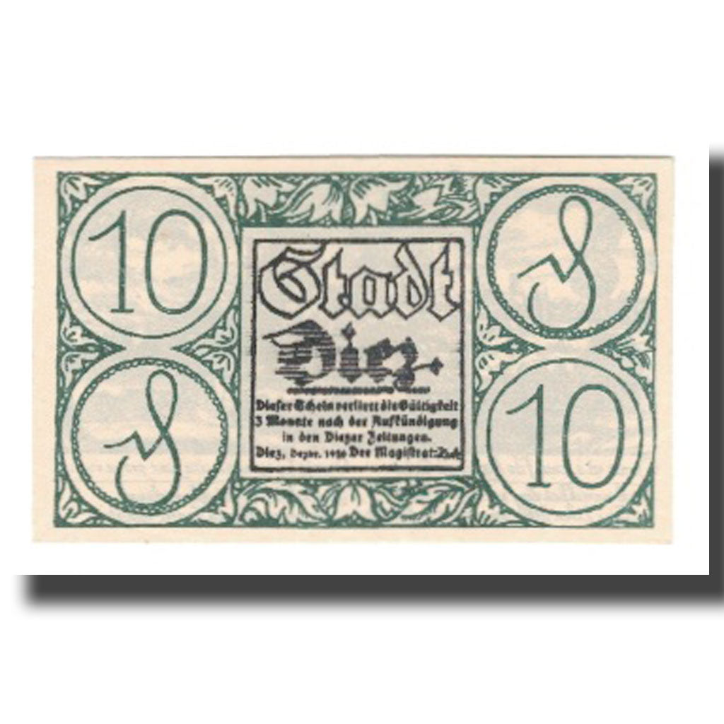 Geldschein, Deutschland, Diez Stadt, 10 Pfennig, paysage 3, 1920, VZ, Mehl:D15.6