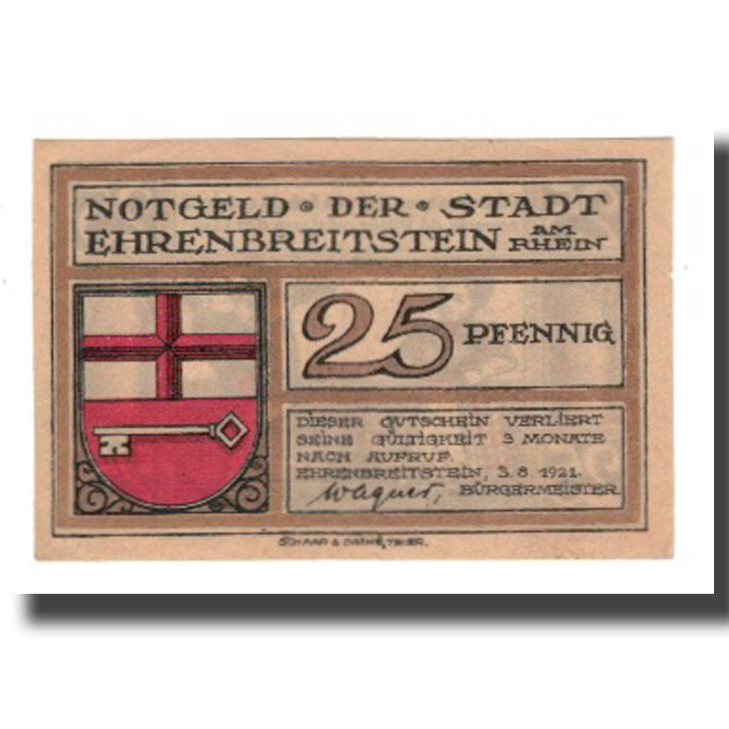 Geldschein, Deutschland, Ehrenbreitstein Stadt, 25 Pfennig, personnage, 1921