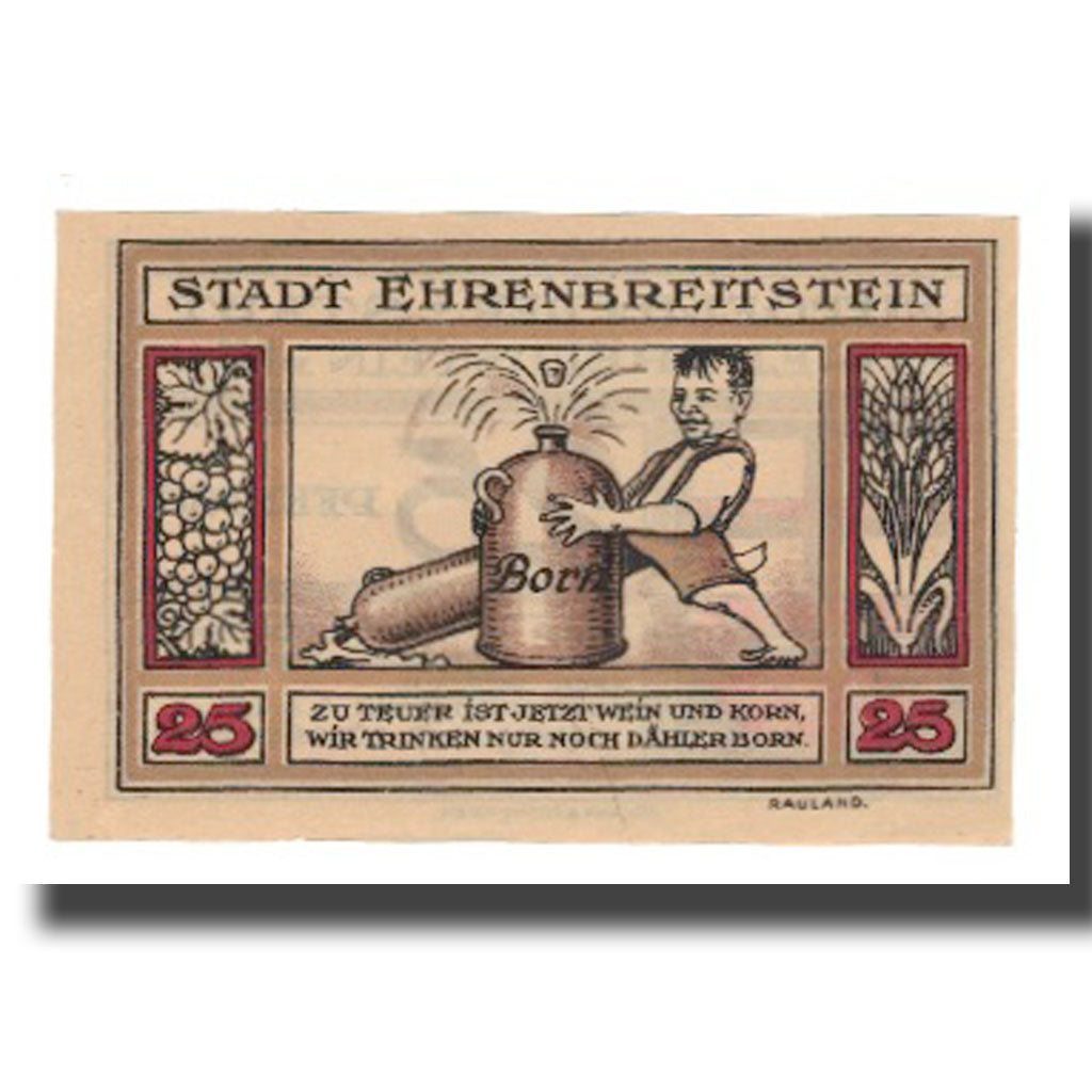 Banconote, Germania, Ehrenbreitstein Stadt, 25 Pfennig, personnage 2, 1921
