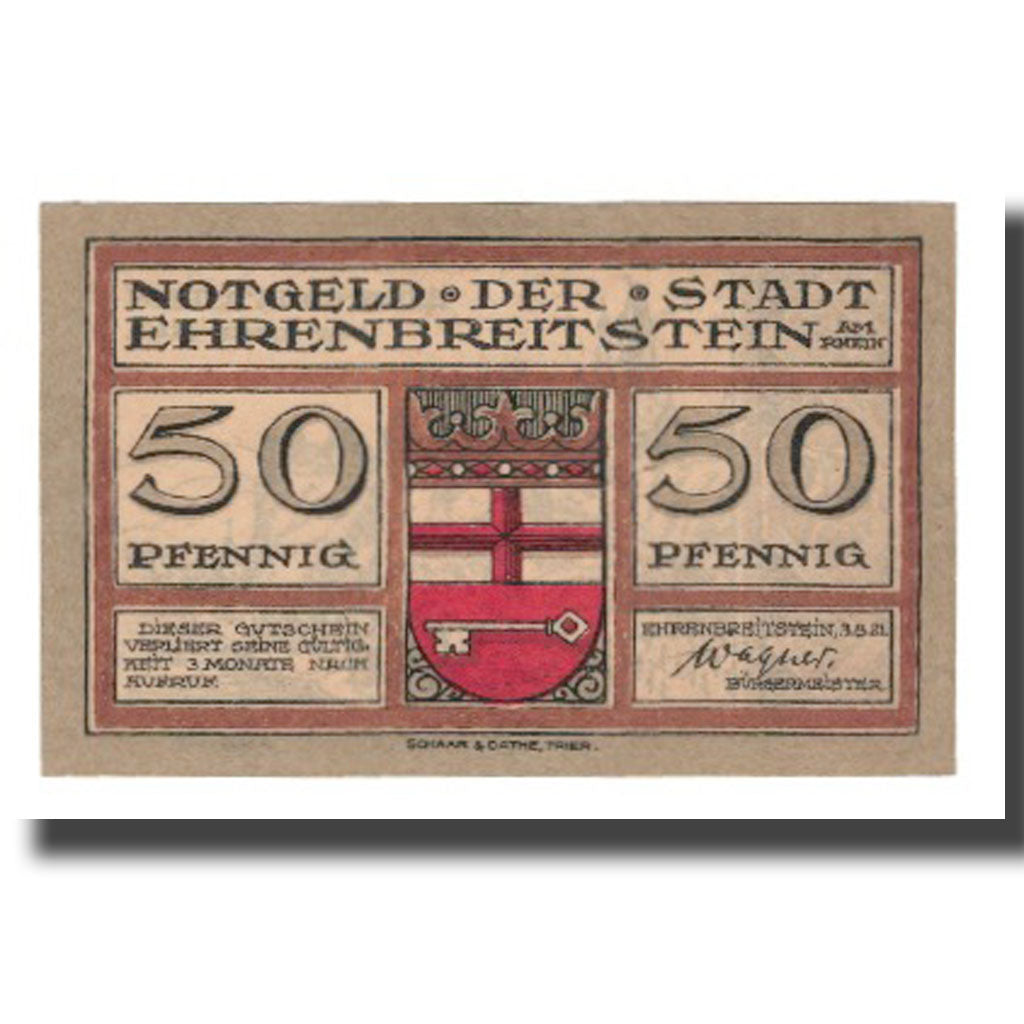 Nota, Alemanha, Ehrenbreitstein Stadt, 50 Pfennig, paysage, 1921, 1921-08-03