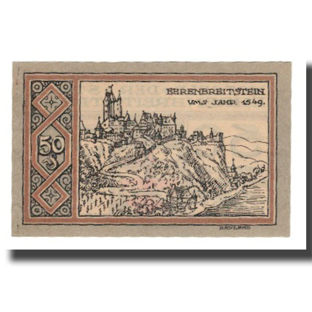 Nota, Alemanha, Ehrenbreitstein Stadt, 50 Pfennig, paysage, 1921, 1921-08-03
