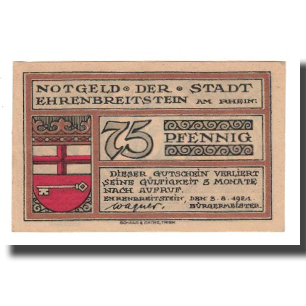 Geldschein, Deutschland, Ehrenbreitstein Stadt, 75 Pfennig, personnage, 1921
