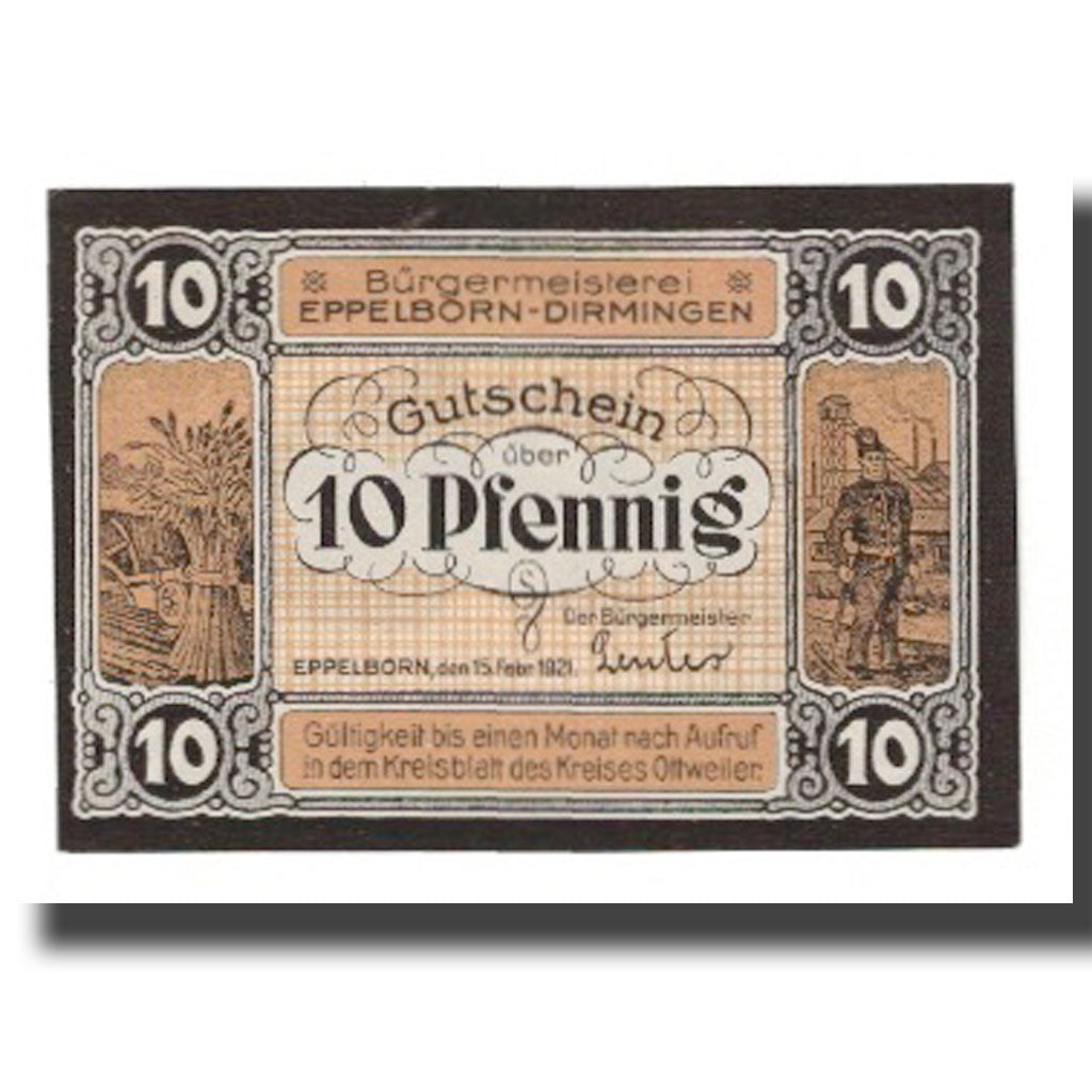 Nota, Alemanha, Eppelborn Dirmingen Burgermeisterel, 10 Pfennig, personnage