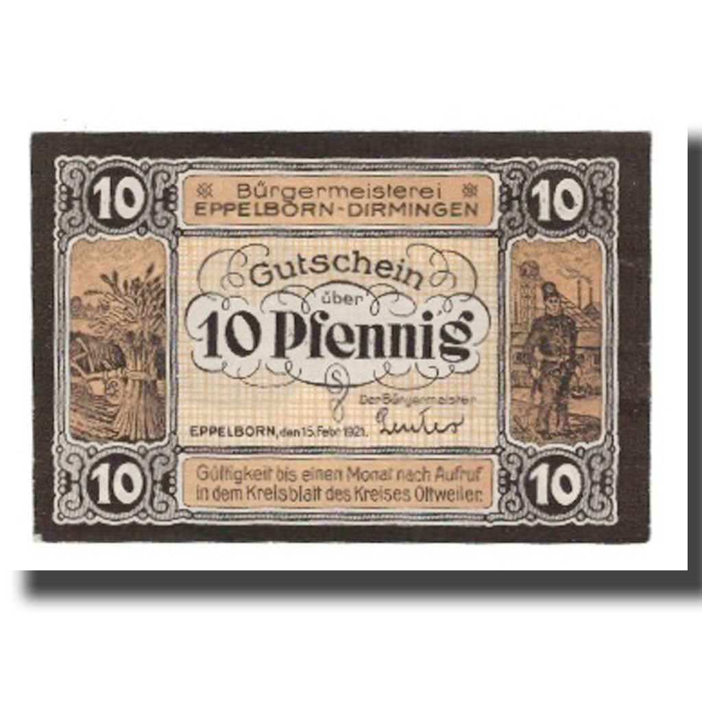Nota, Alemanha, Eppelborn Dirmingen Burgermeisterel, 10 Pfennig, personnage 1