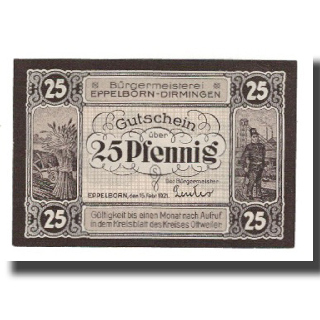 Banconote, Germania, Eppelborn Dirmingen Burgermeisterel, 25 Pfennig, personnage