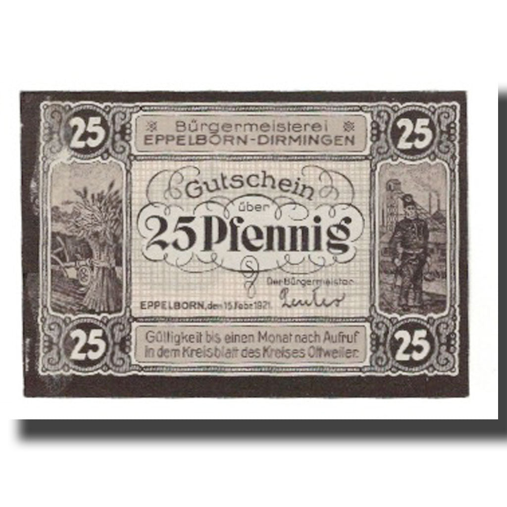 Banconote, Germania, Eppelborn Dirmingen Burgermeisterel, 25 Pfennig, personnage