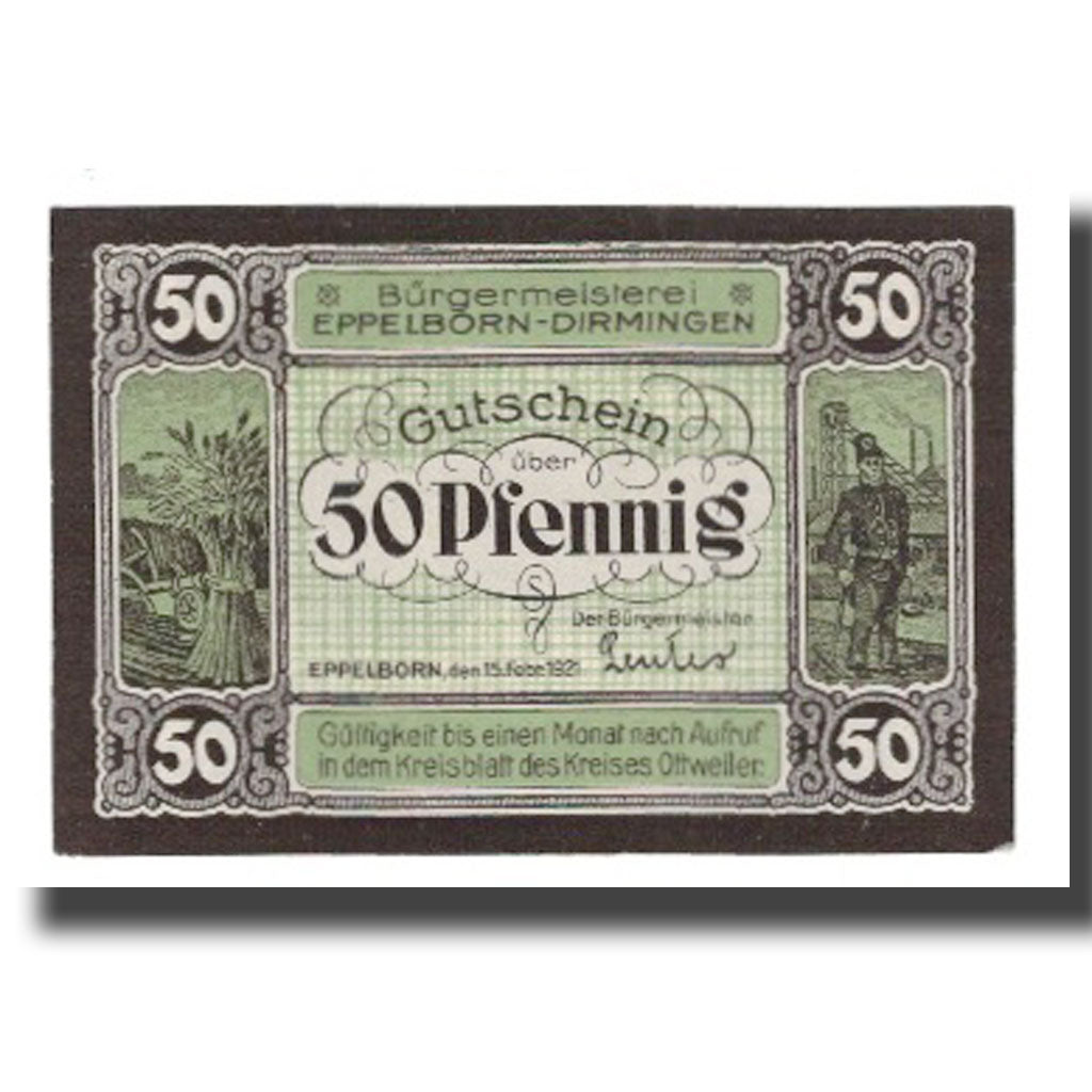 Banconote, Germania, Eppelborn Dirmingen Burgermeisterel, 50 Pfennig, personnage