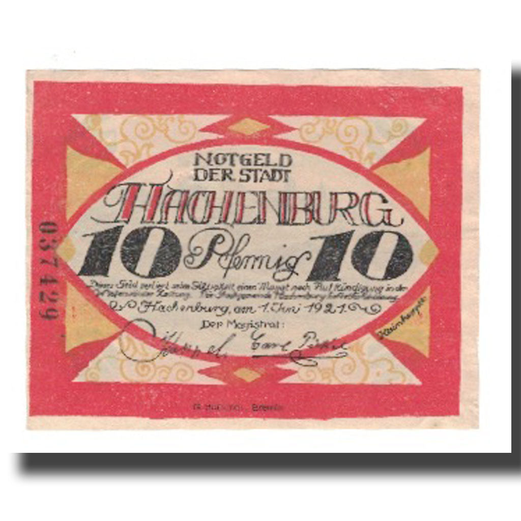 Banknot, Niemcy, Hachenburg Stadt, 10 Pfennig, paysage, 1921, 1921-06-01