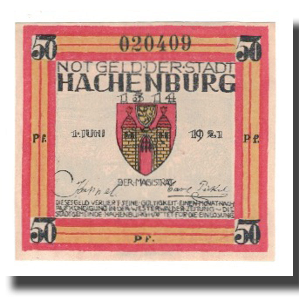 Nota, Alemanha, Hachenburg Stadt, 50 Pfennig, paysage 1, 1921, 1921-06-01