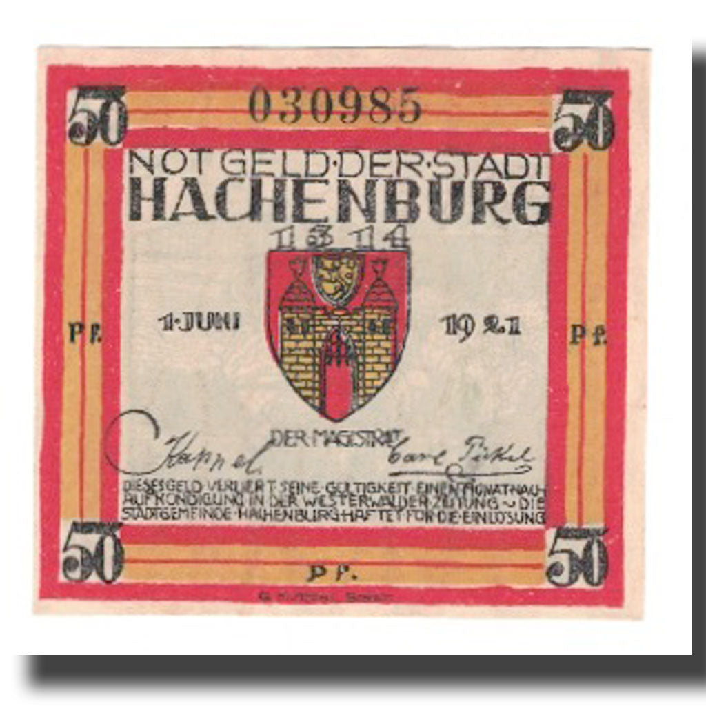 Nota, Alemanha, Hachenburg Stadt, 50 Pfennig, paysage 2, 1921, 1921-06-01
